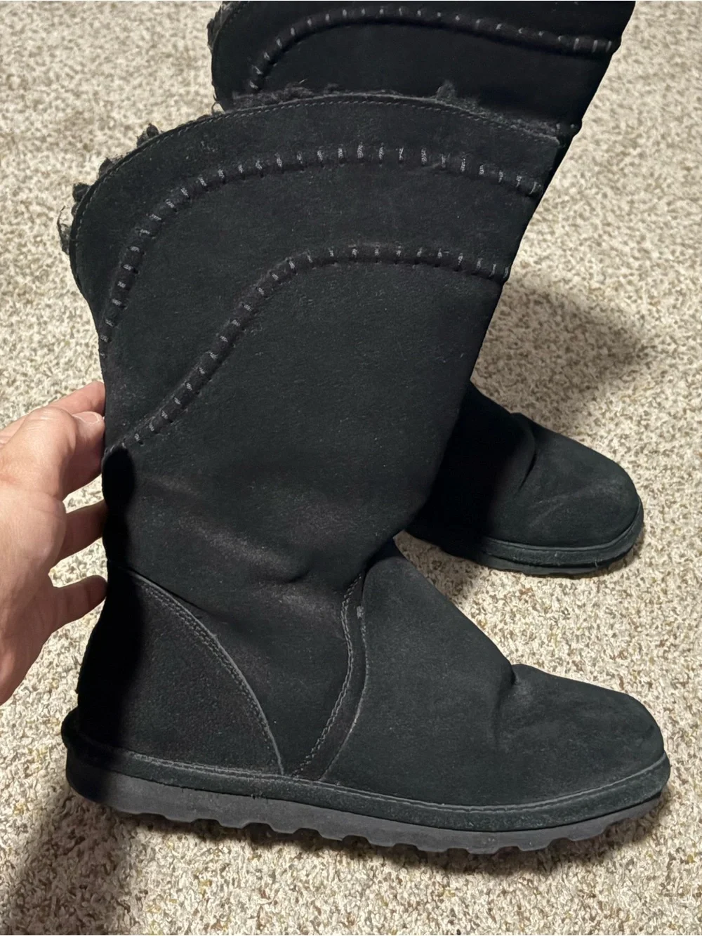 Bearpaw Mid Calf‎ Winter Boots Womens 10 Black Suede Faux Fur Whipstitch Detail